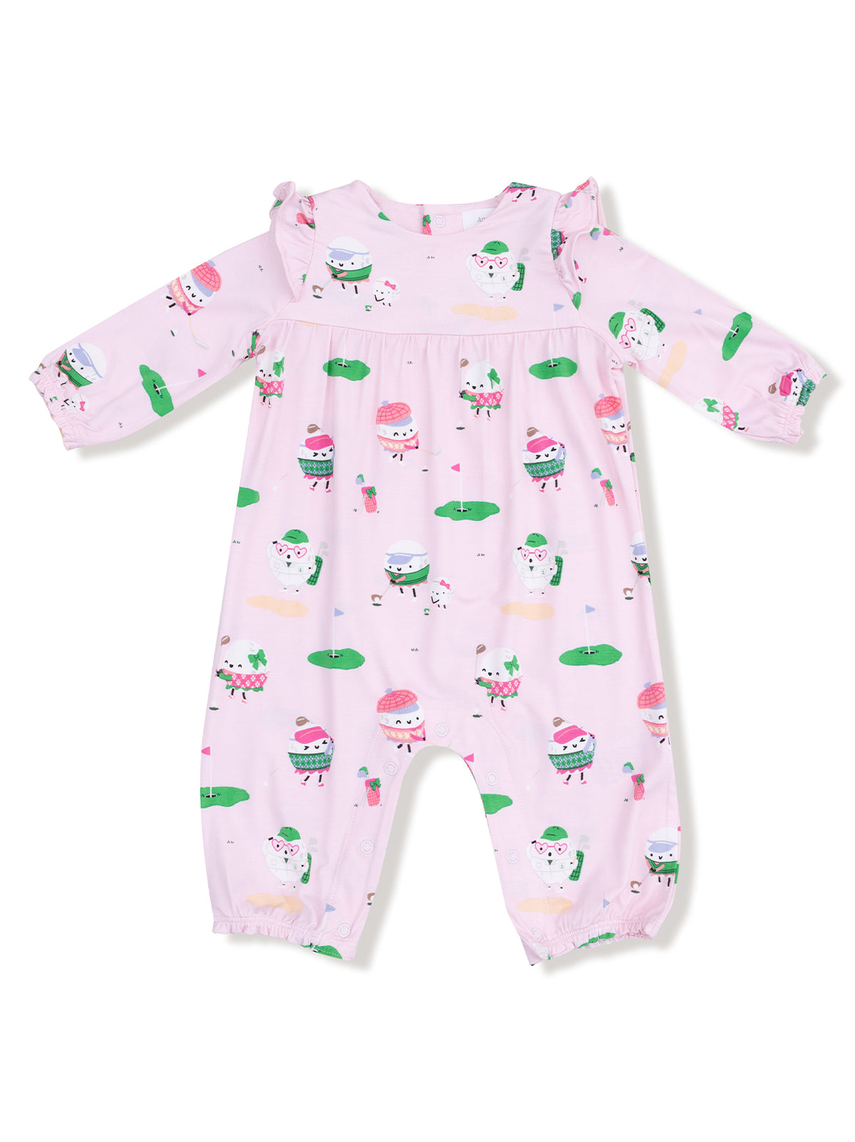 Pink baby romper with playful ice cream and animal prints, featuring long sleeves and a ruffled neckline.