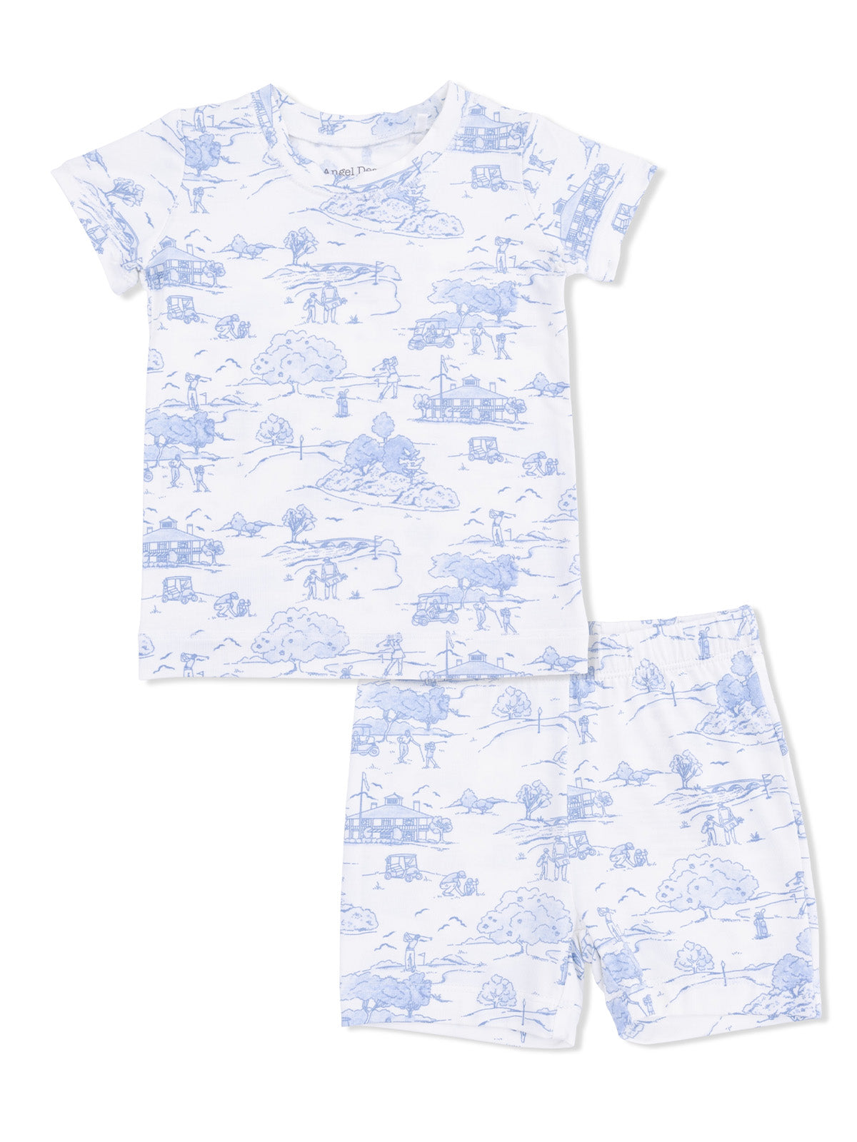 Children's short-sleeve pajama set featuring a light blue outdoor scene print on a white background.