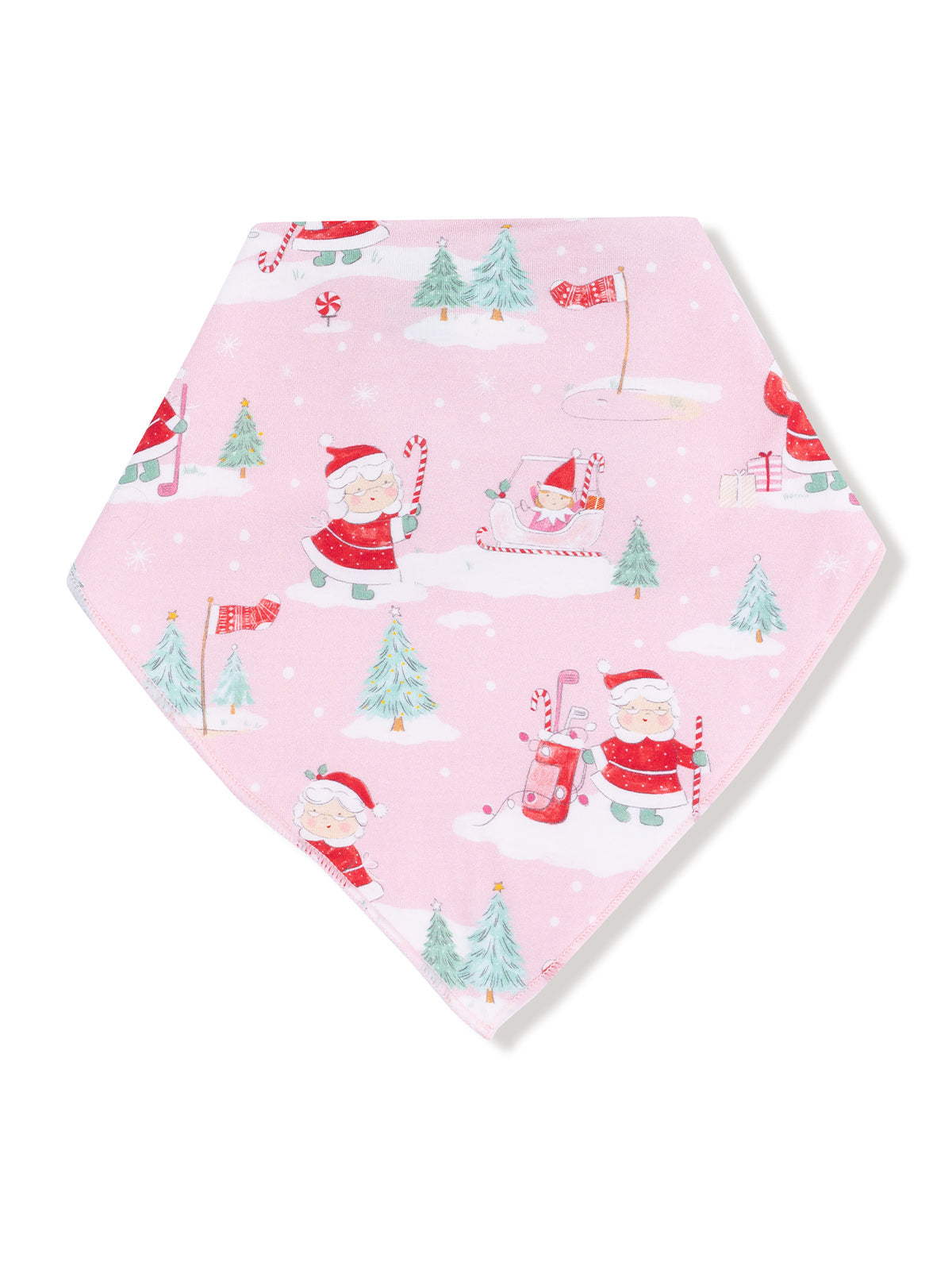 Pink bandana featuring festive illustrations of Santa Claus, candy canes, and Christmas trees.