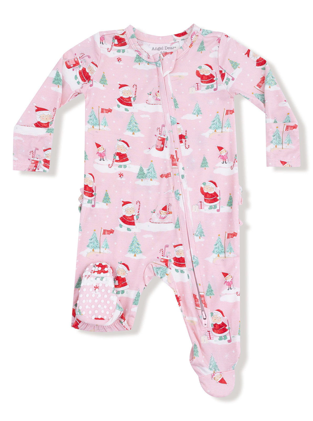 Pink holiday pajamas with Santa and trees, featuring a front zipper and footed design for infants.