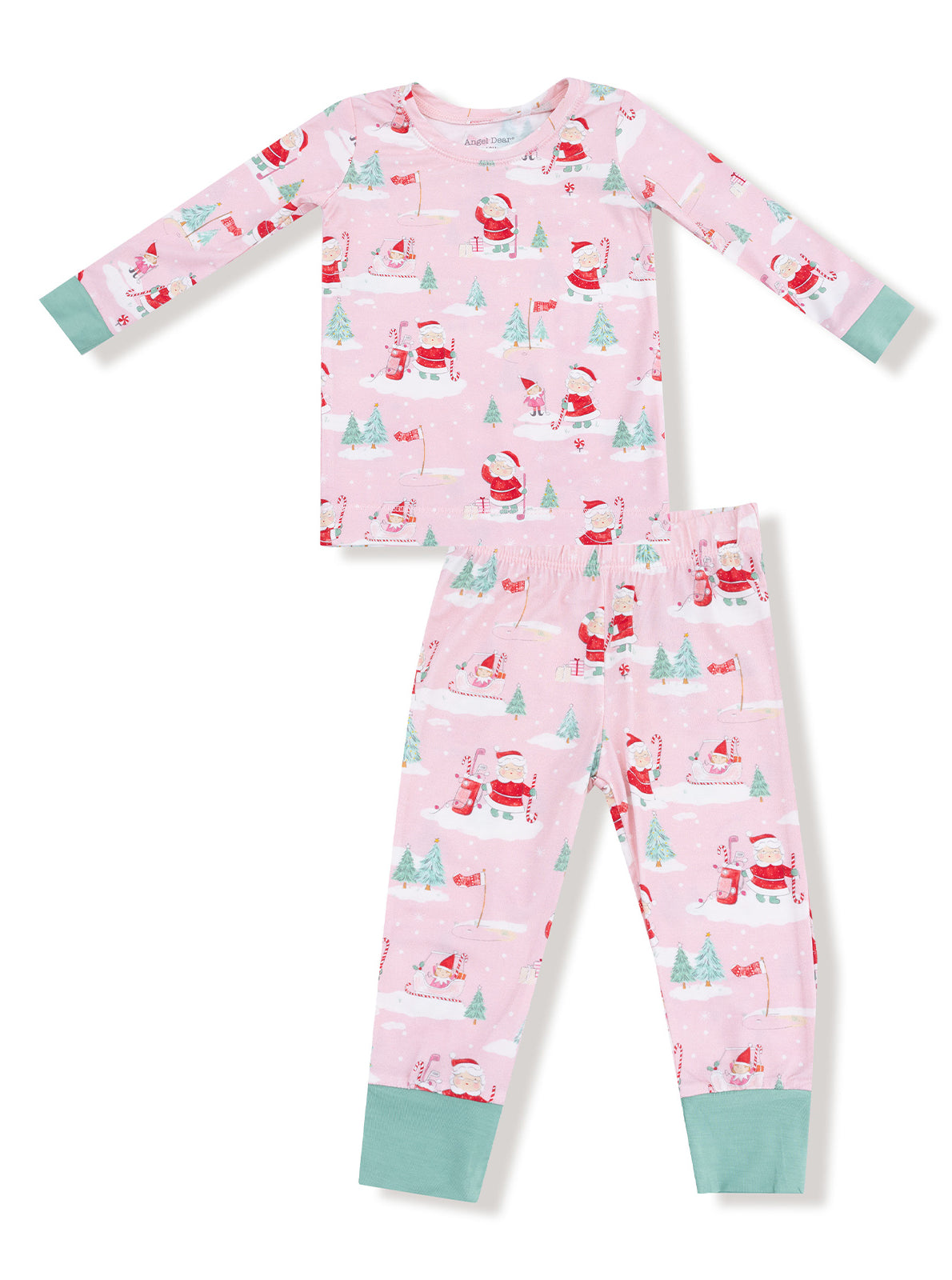 Pink children's pajama set featuring Santa, trees, and holiday motifs, with long sleeves and elastic waistband.