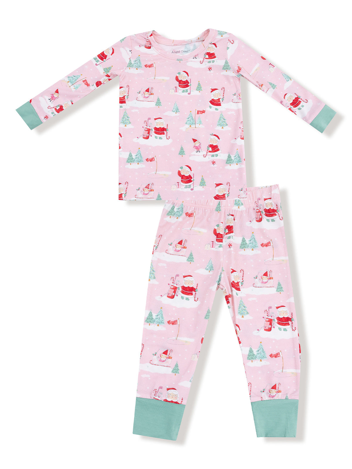 Pink children's pajama set featuring Santa, trees, and holiday motifs, with long sleeves and elastic waistband.