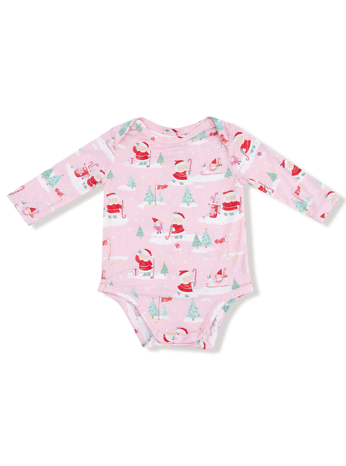 Pink long-sleeve baby onesie with festive Santa and tree patterns for holiday wear.