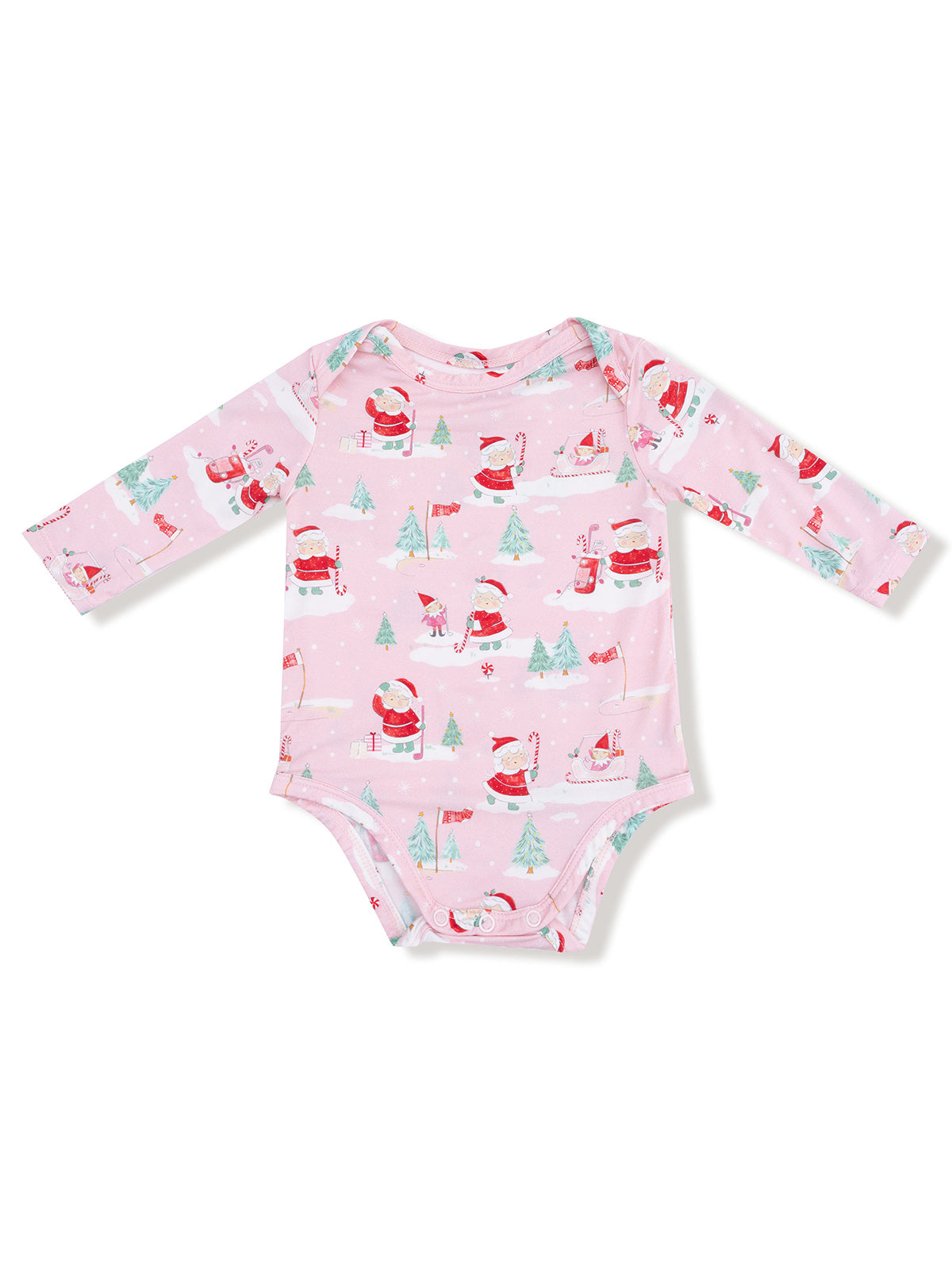 Pink long-sleeve baby onesie with festive Santa and tree patterns for holiday wear.