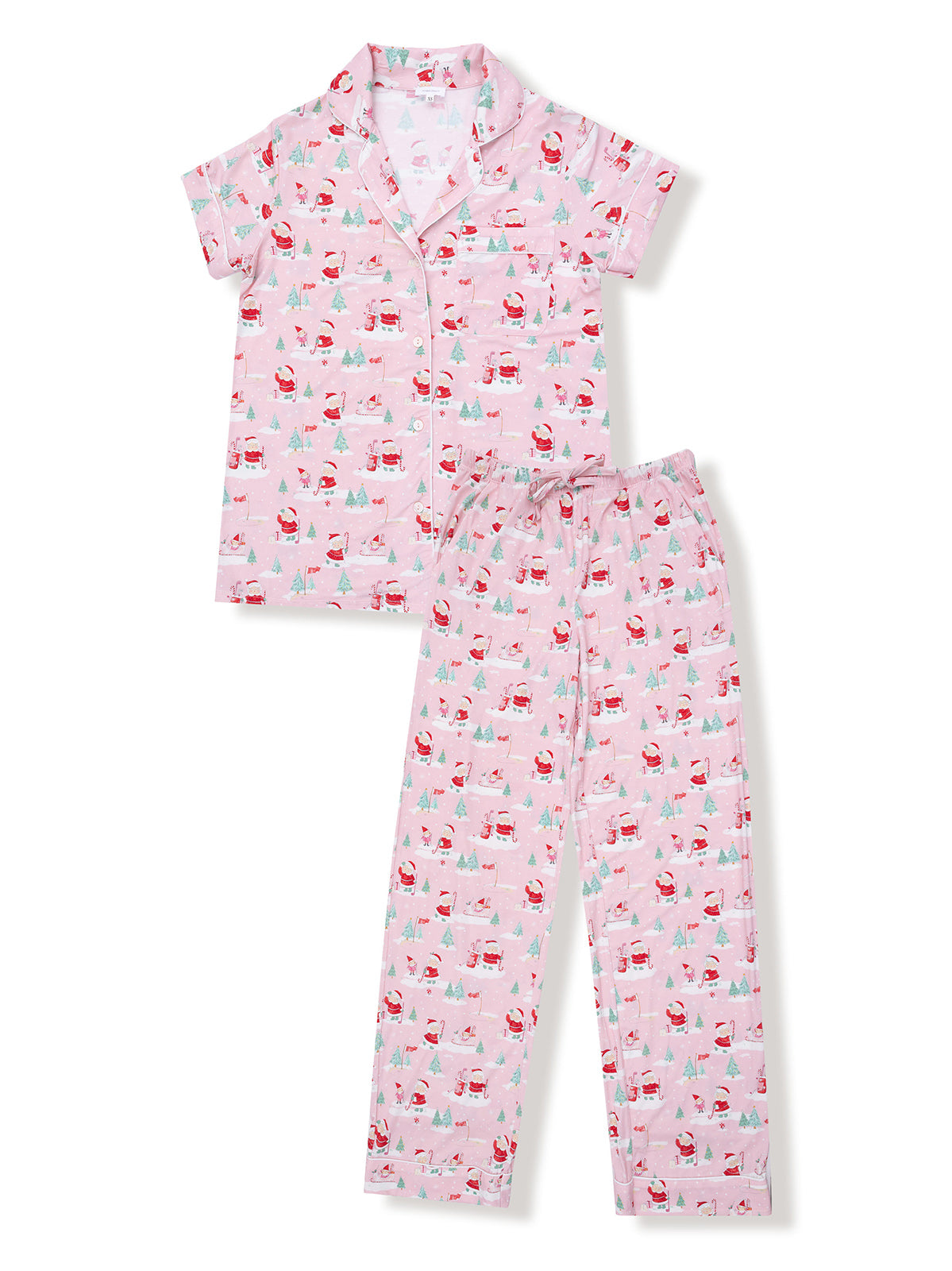 Pink pajama set with festive Santa and tree patterns, featuring a short-sleeve top and long pants.