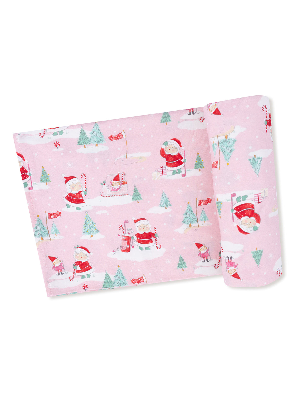 Pink wrapping paper featuring Santa, elves, trees, and candy canes against a snowy background. Perfect for holiday gifts.