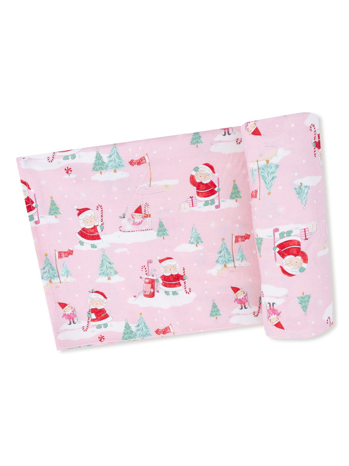 Pink wrapping paper featuring Santa, elves, trees, and candy canes against a snowy background. Perfect for holiday gifts.