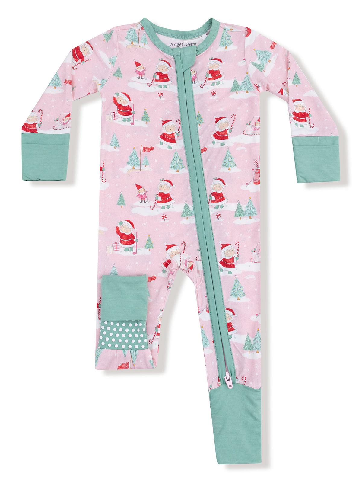 Pink holiday-themed onesie featuring Santa, trees, and a front zipper with mint green accents.