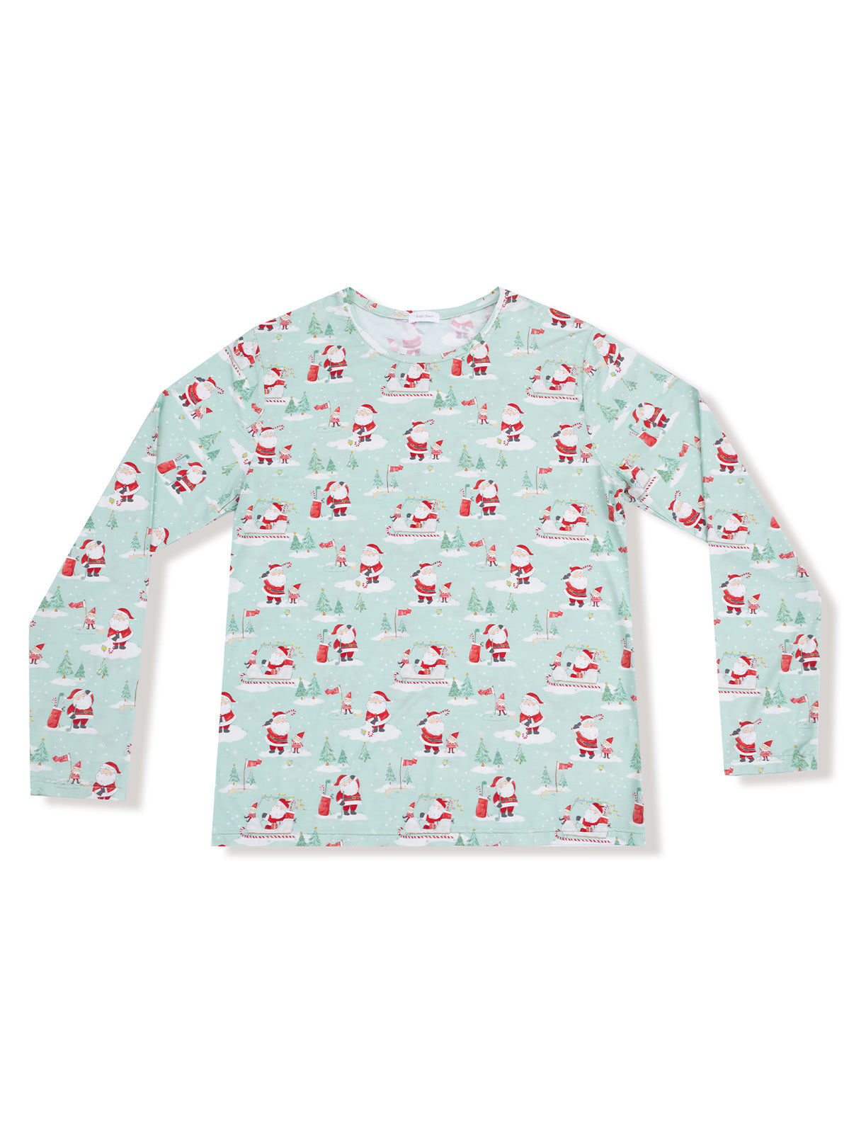 Light blue long-sleeve shirt with repeating Santa Claus and winter scene patterns.