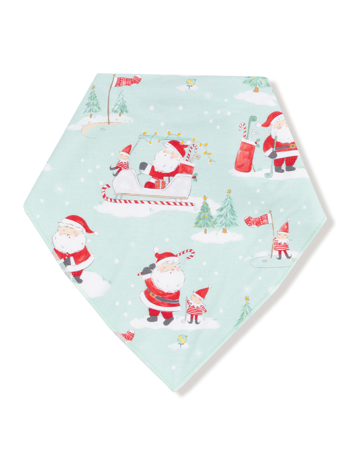 Holiday-themed scarf featuring playful Santas, trees, and winter scenes on a light blue background.