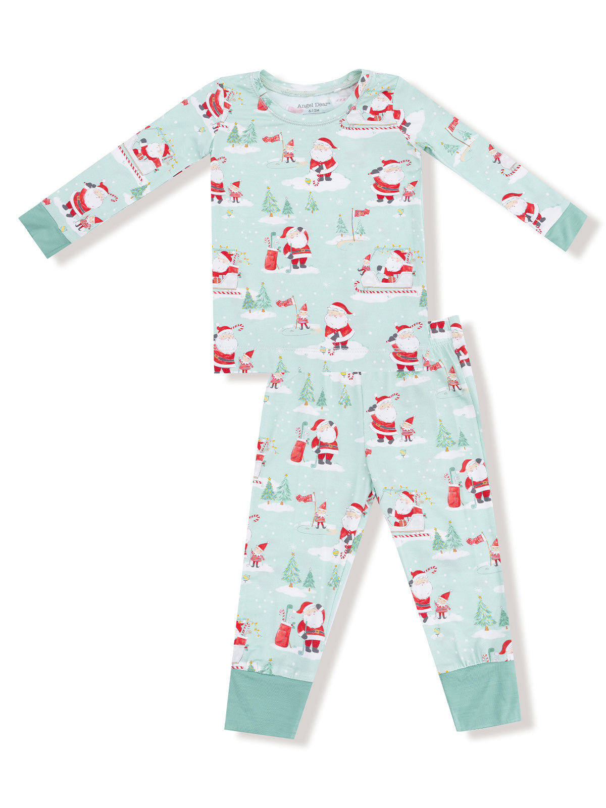 Santa-themed children's pajamas in mint green with festive patterns of Santa Claus and winter scenes.