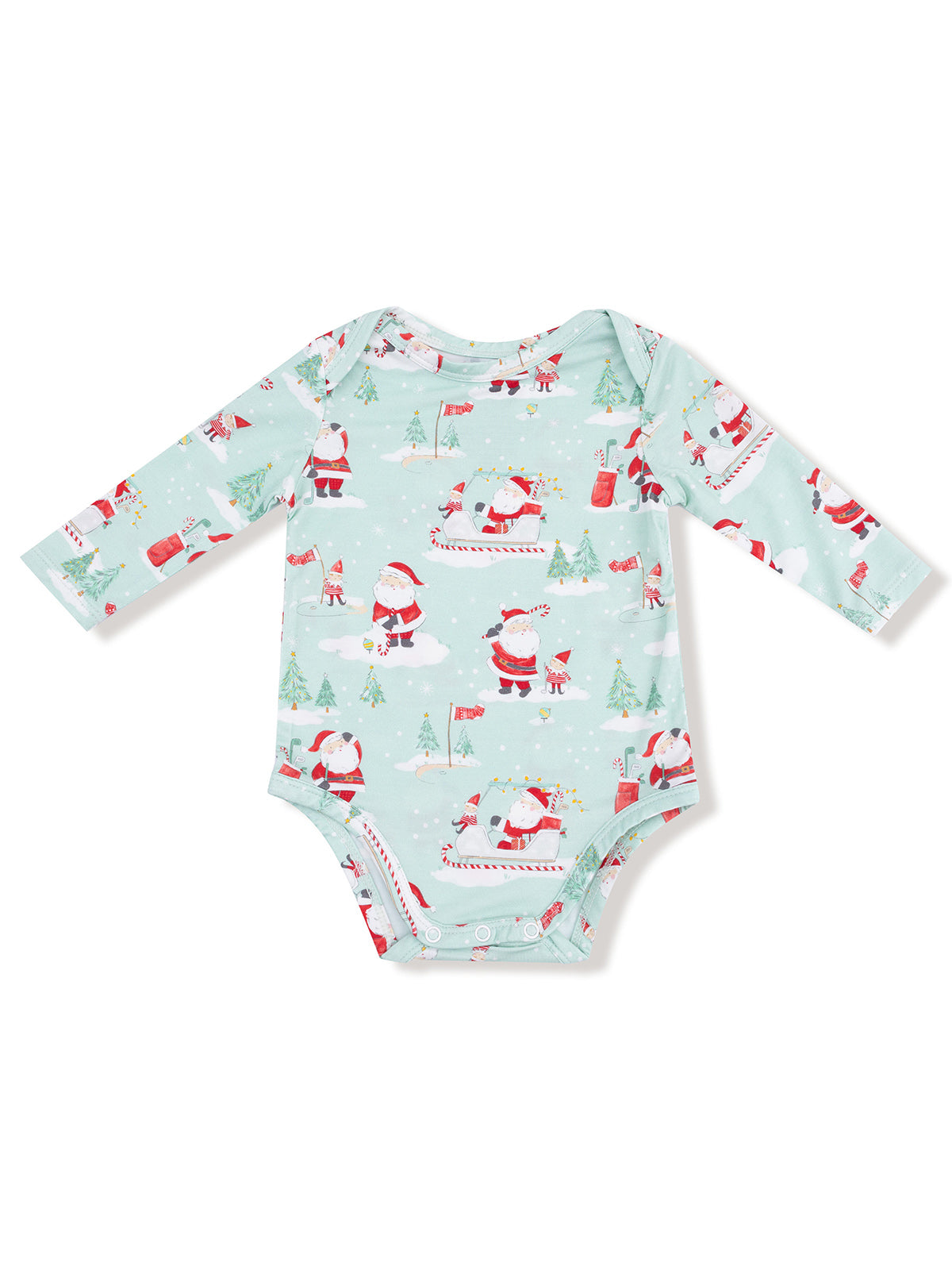 Light blue long-sleeve baby onesie with Santa and holiday-themed prints.