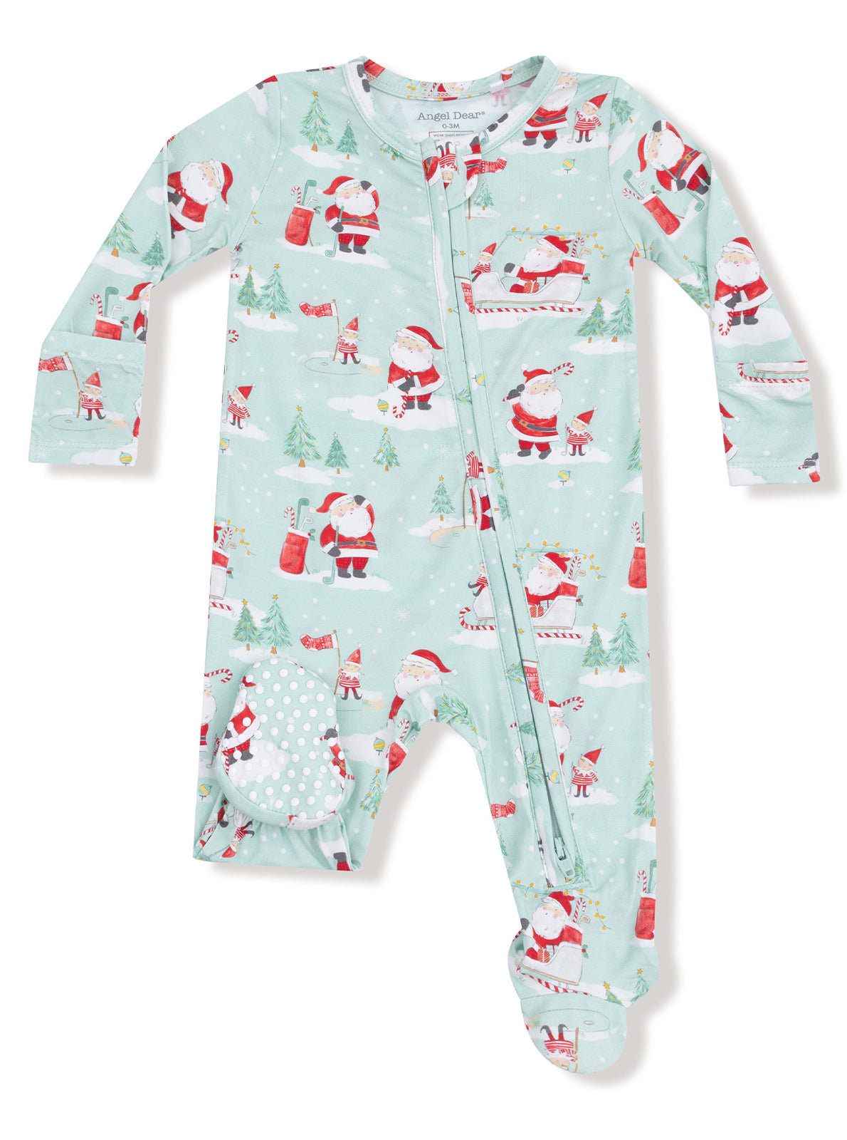 Light green onesie with Santa pattern, featuring long sleeves, zip closure, and polka dot pocket.
