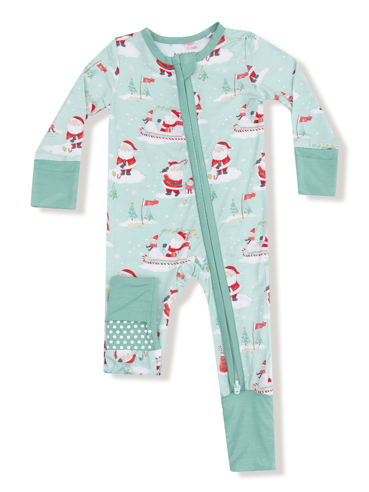 Mint green children’s onesie with Santa print and a side zipper design. Festive and cozy holiday sleepwear.