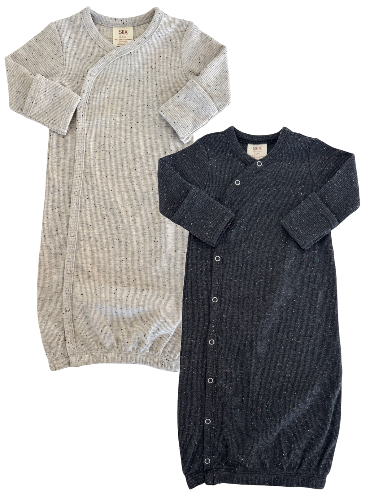 Two baby gowns, one gray and one navy, both with long sleeves and snap buttons, on a white background.
