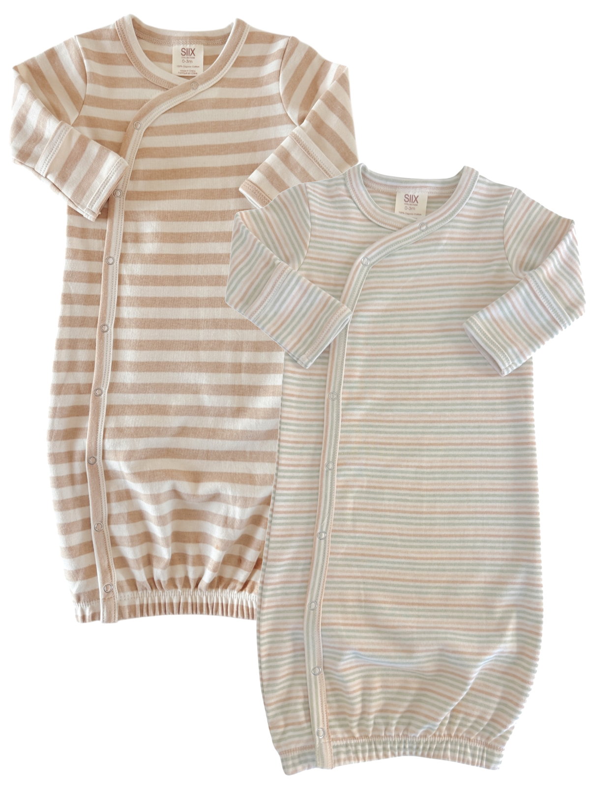 Two striped baby sleep sacks, one in beige and the other in pastel colors, with snap closures.