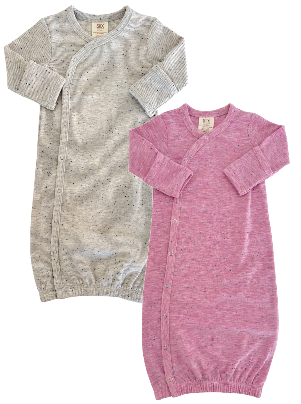 Gray and pink baby gowns with long sleeves, featuring snap closures and textured fabric.