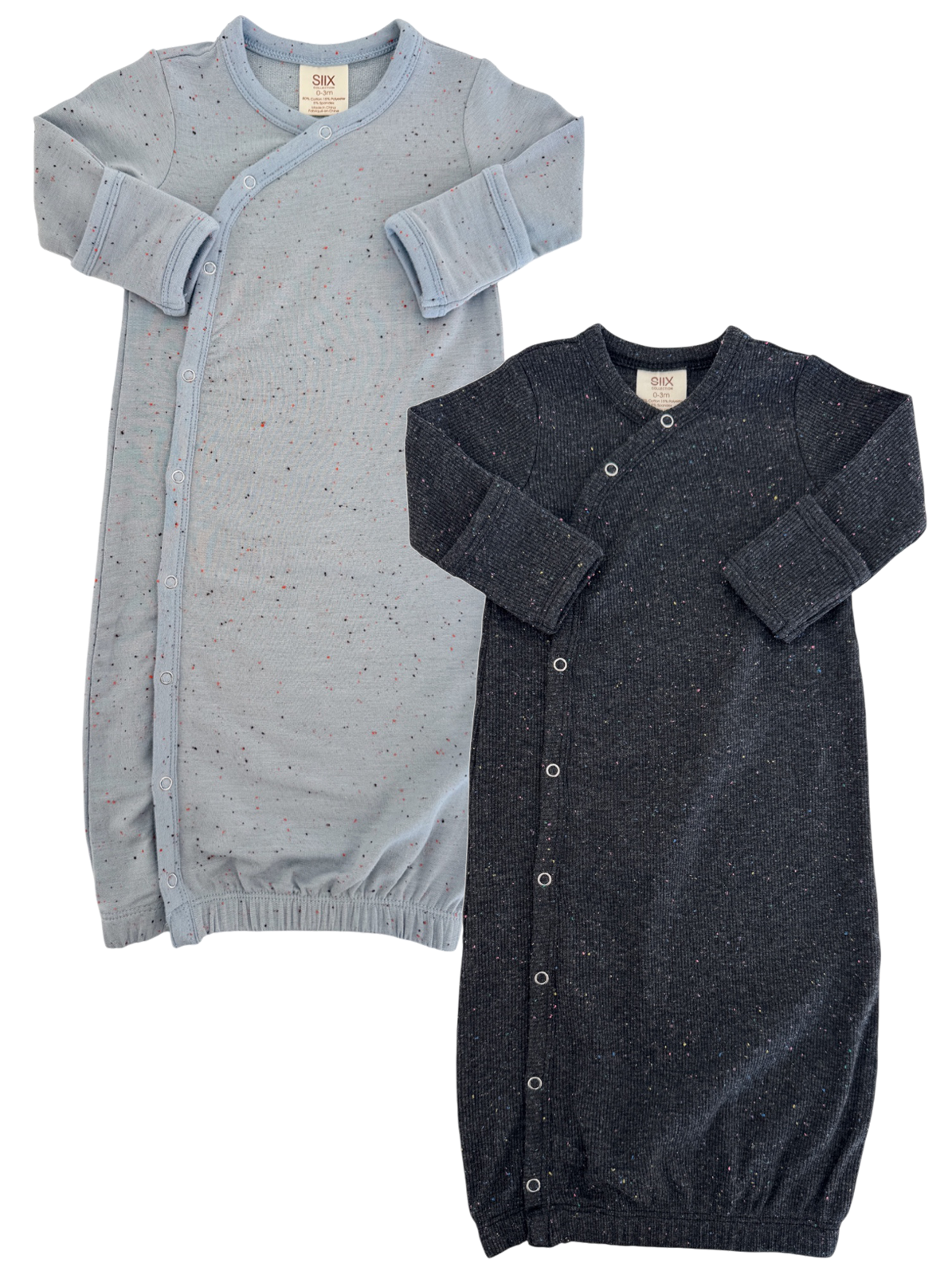 Two infant gowns in light blue and dark gray, featuring speckled patterns and snap closures.