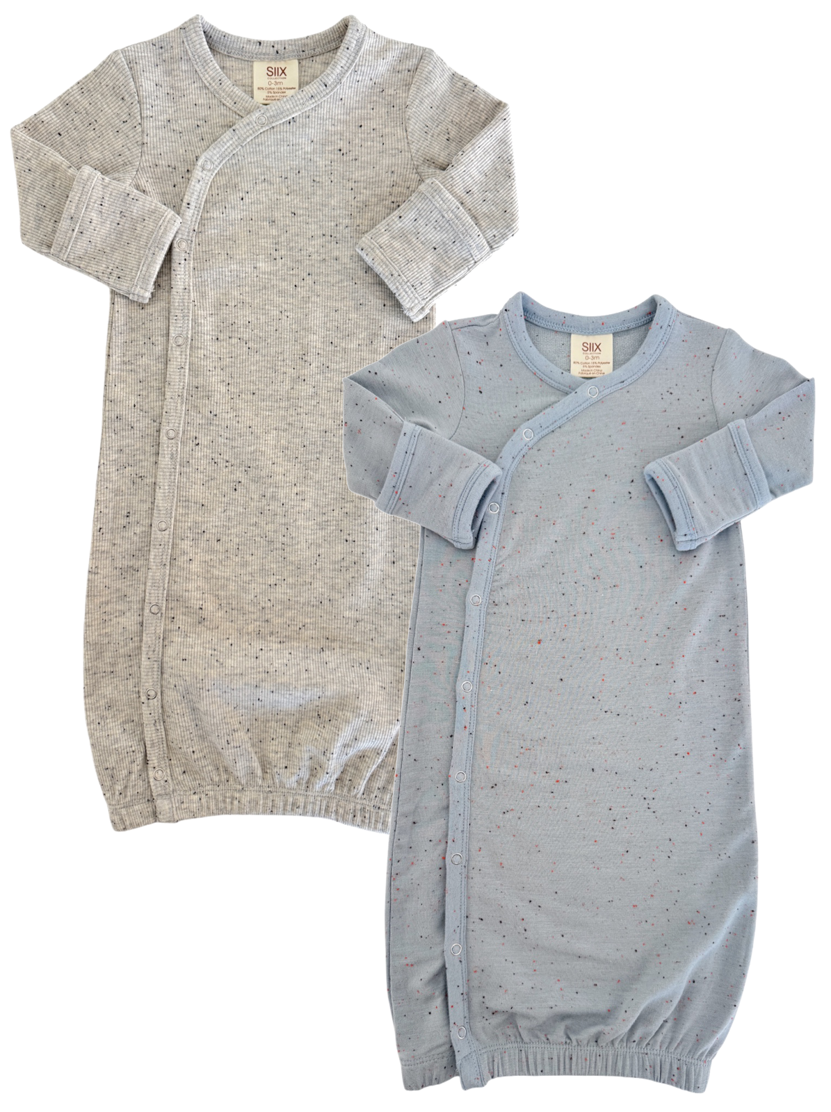 Two baby gowns in gray and light blue, featuring long sleeves and snap closures, displayed side by side.