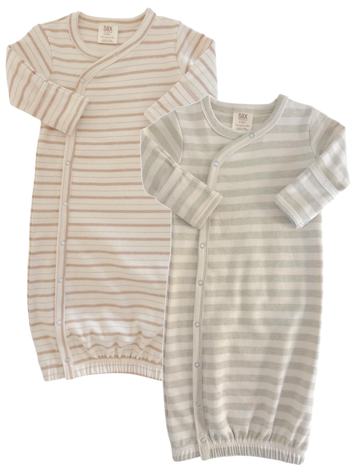 Two striped baby outfits, one in beige and the other in light gray, featuring long sleeves and snap closures.