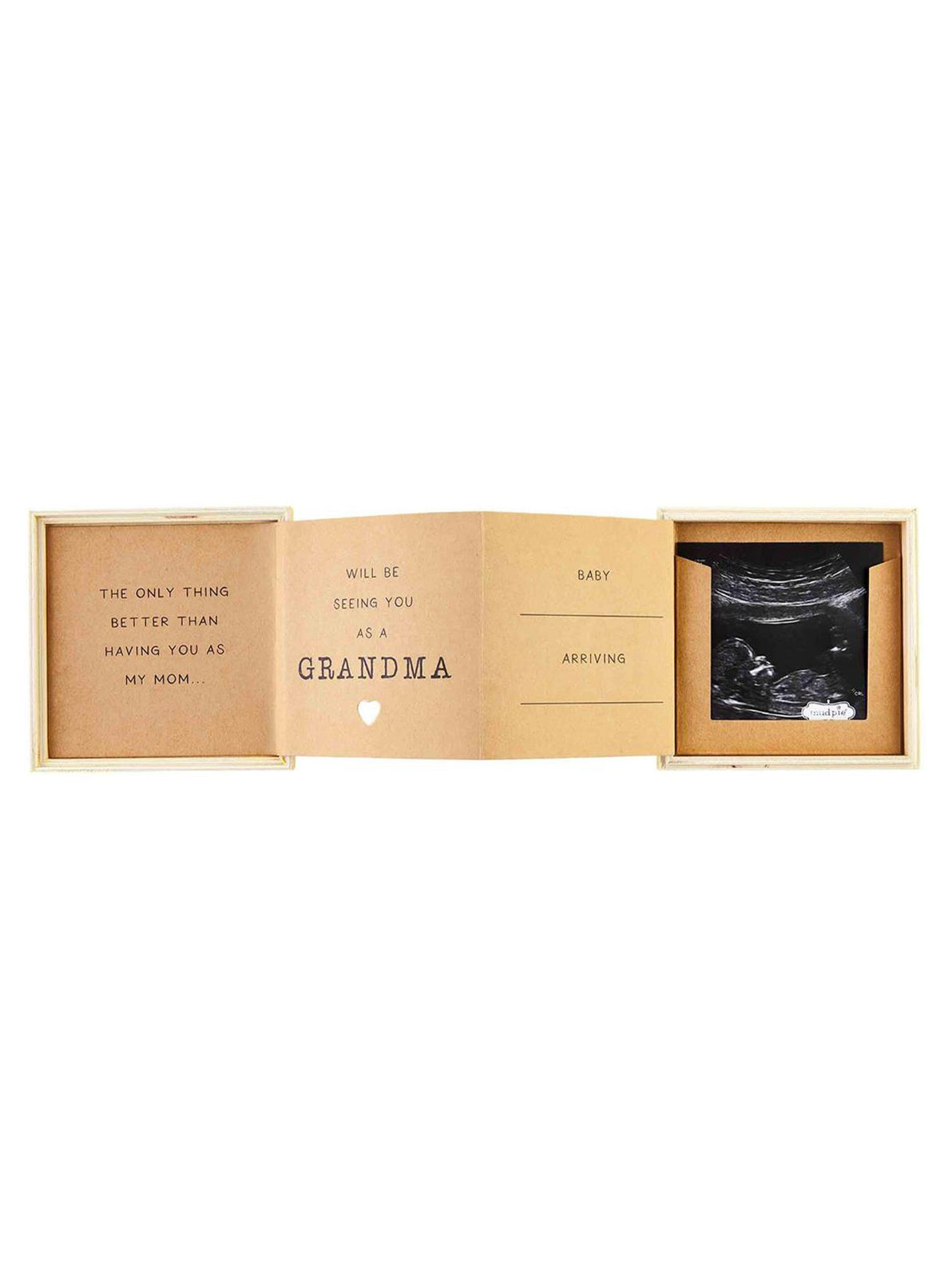 Greeting card with a sonogram photo, announcing a baby and celebrating a grandmother's role.