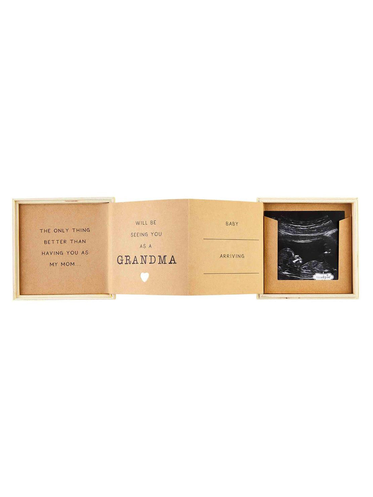 Greeting card with a sonogram photo, announcing a baby and celebrating a grandmother's role.