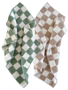 Two checkered towels, one in green and white, the other in brown and white, neatly arranged.
