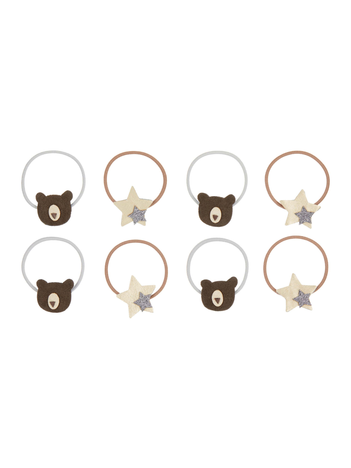 Set of eight hair ties featuring bear and star designs in neutral colors. Perfect for kids and playful styles.