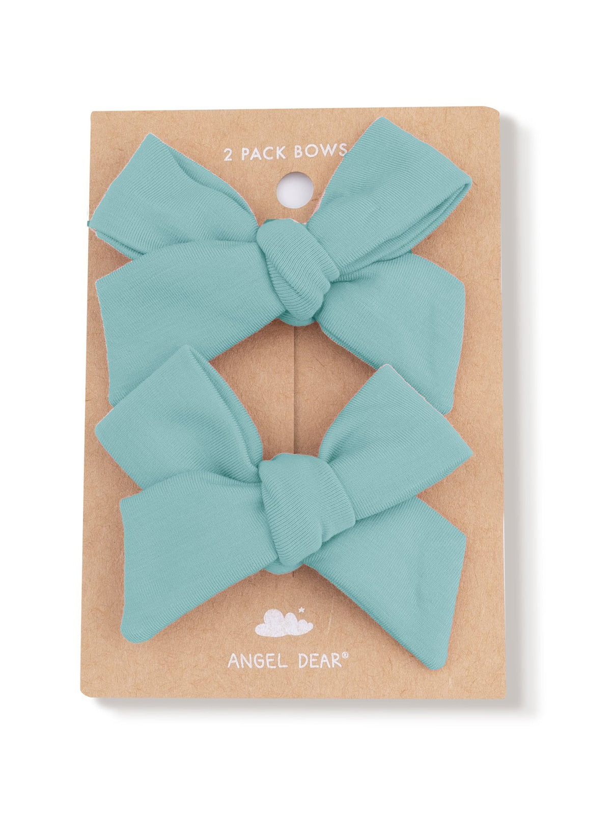Two teal hair bows on a cardboard backing, labeled "2 Pack Bows" from Angel Dear.