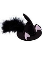 Black felt hat with pink ears and a fluffy tail, styled as a whimsical cat or witch accessory.
