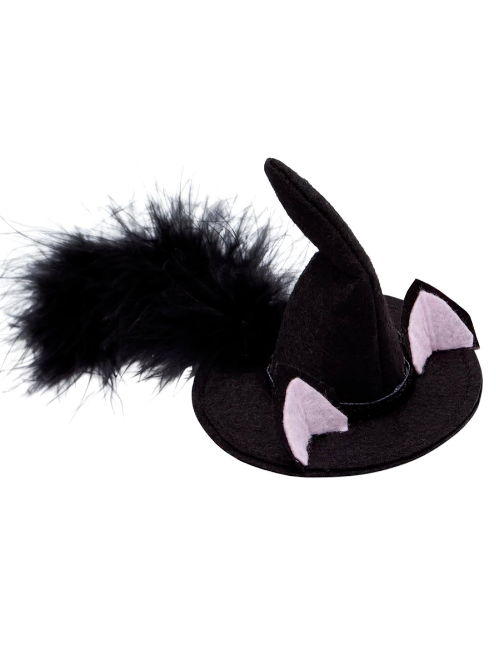 Black felt hat with pink ears and a fluffy tail, styled as a whimsical cat or witch accessory.