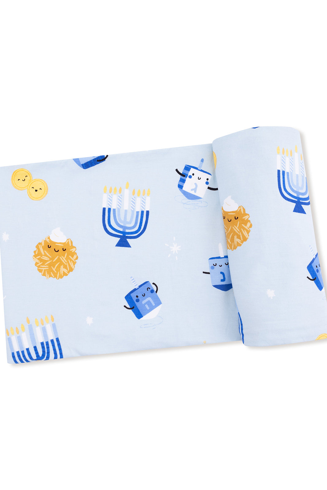 Light blue fabric featuring cute illustrations of menorahs, dreidels, and other festive Hanukkah symbols.