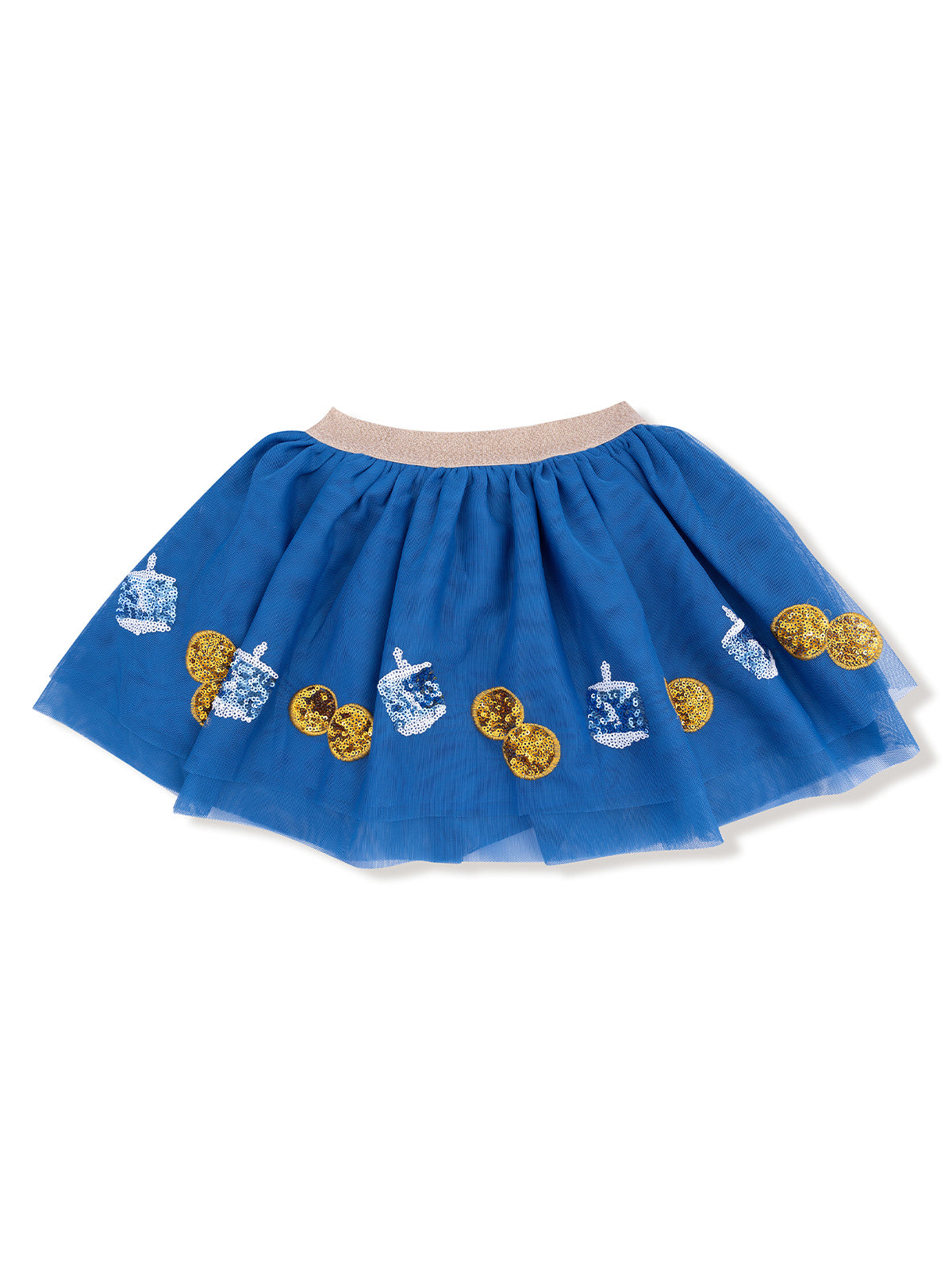 Blue tulle skirt decorated with silver dreidels and gold coins, featuring a stretchy waistband.