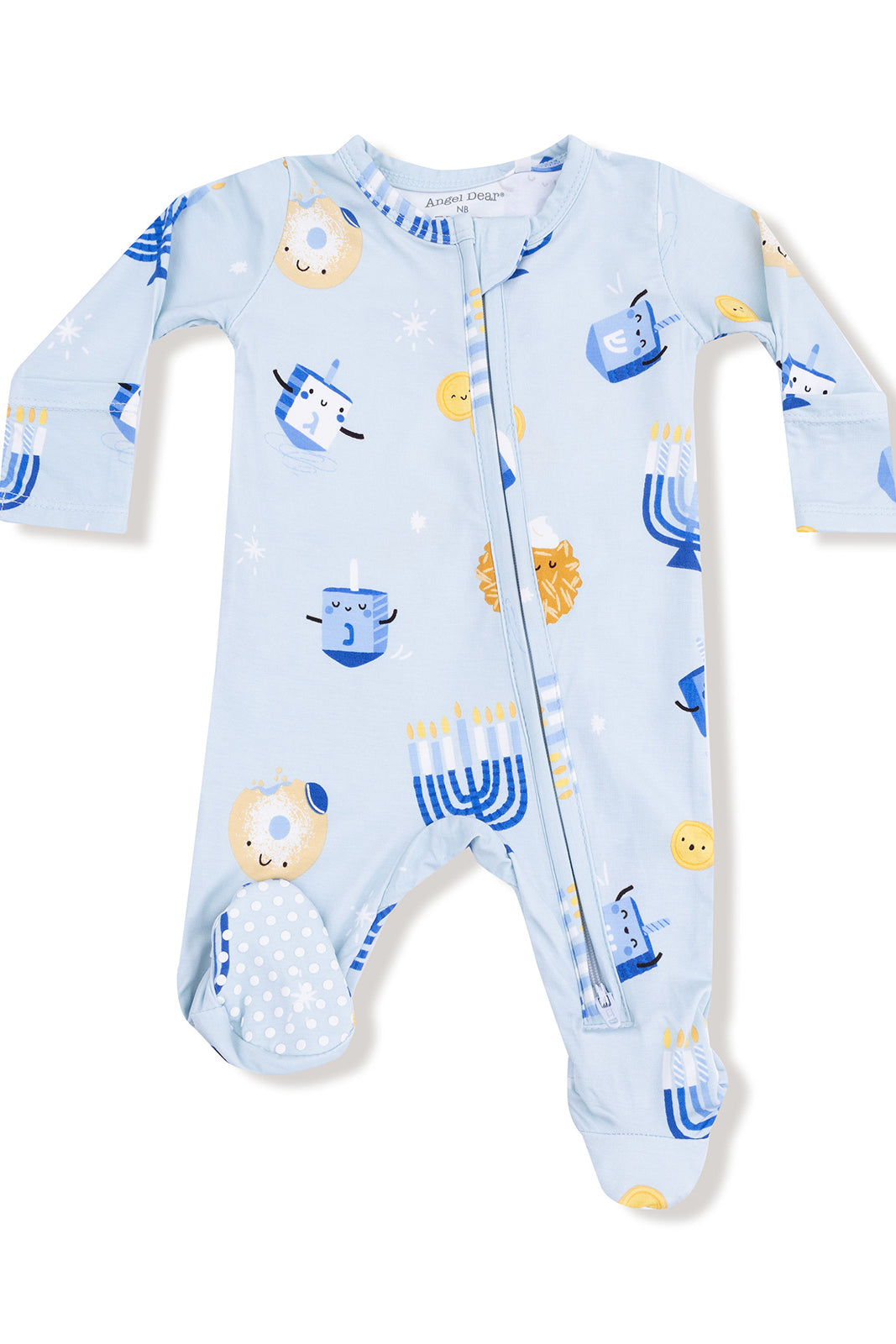 Light blue baby onesie with festive patterns including menorahs, dreidels, and smiling moon and cookie designs.