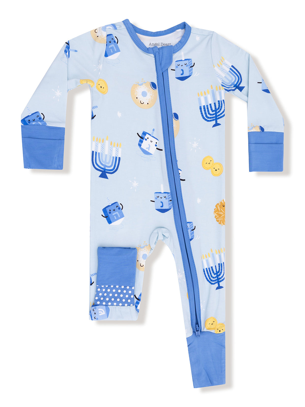 Light blue toddler pajamas featuring menorahs, dreidels, and smiling cookies, perfect for Hanukkah celebrations.
