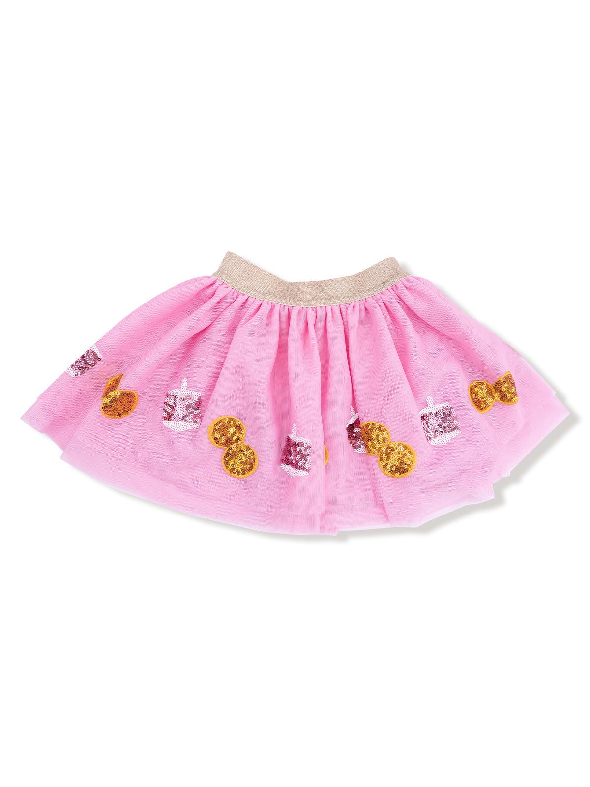 Pink tulle skirt with sequined cupcake and cookie designs, featuring a shiny waistband.