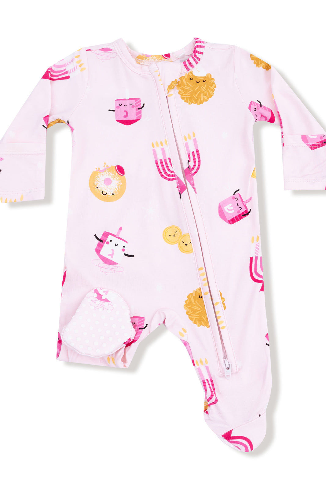 Light pink infant onesie decorated with fun food and animal illustrations, featuring a front zipper for easy dressing.