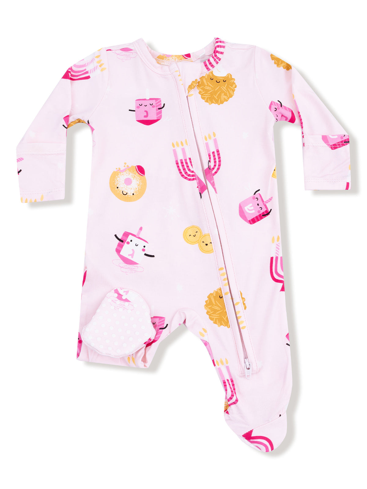 Light pink infant onesie decorated with fun food and animal illustrations, featuring a front zipper for easy dressing.