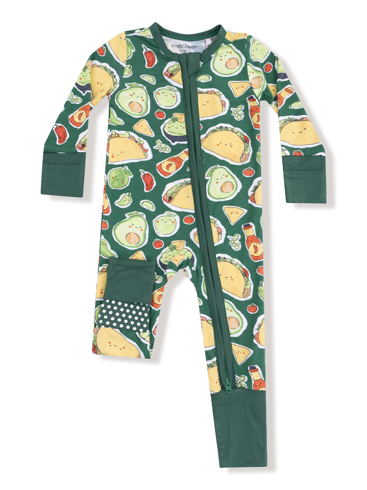 Green toddler onesie covered in playful food illustrations like tacos, avocados, and tomatoes, with a front zipper.