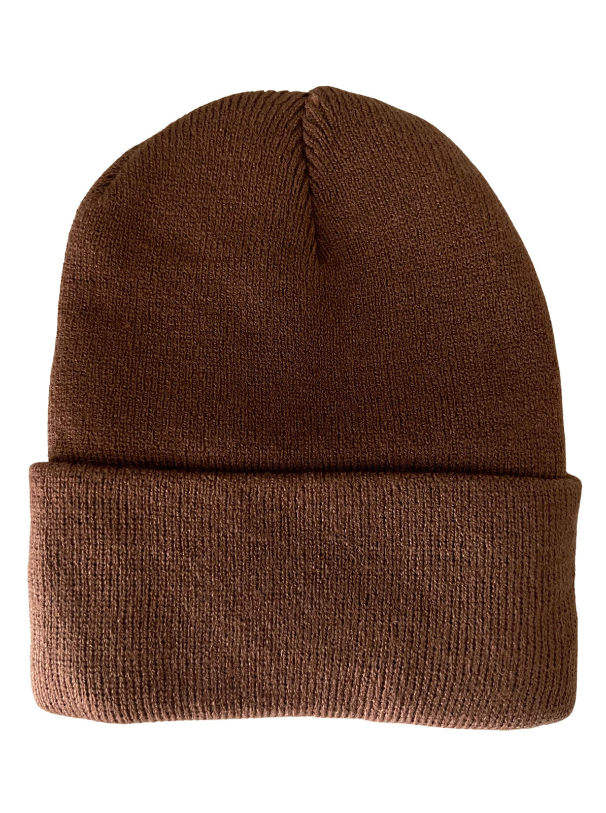 Brown knitted beanie hat with a rolled cuff, displayed flat on a white background.