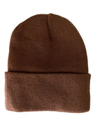 Brown knitted beanie hat with a rolled cuff, displayed flat on a white background.