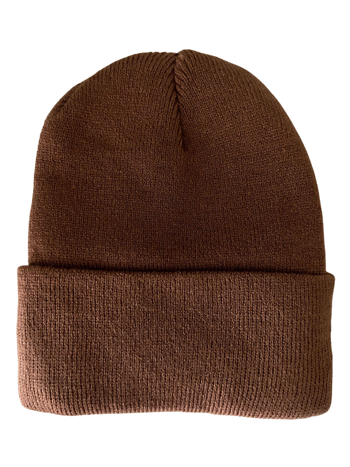 Brown knitted beanie hat with a rolled cuff, displayed flat on a white background.