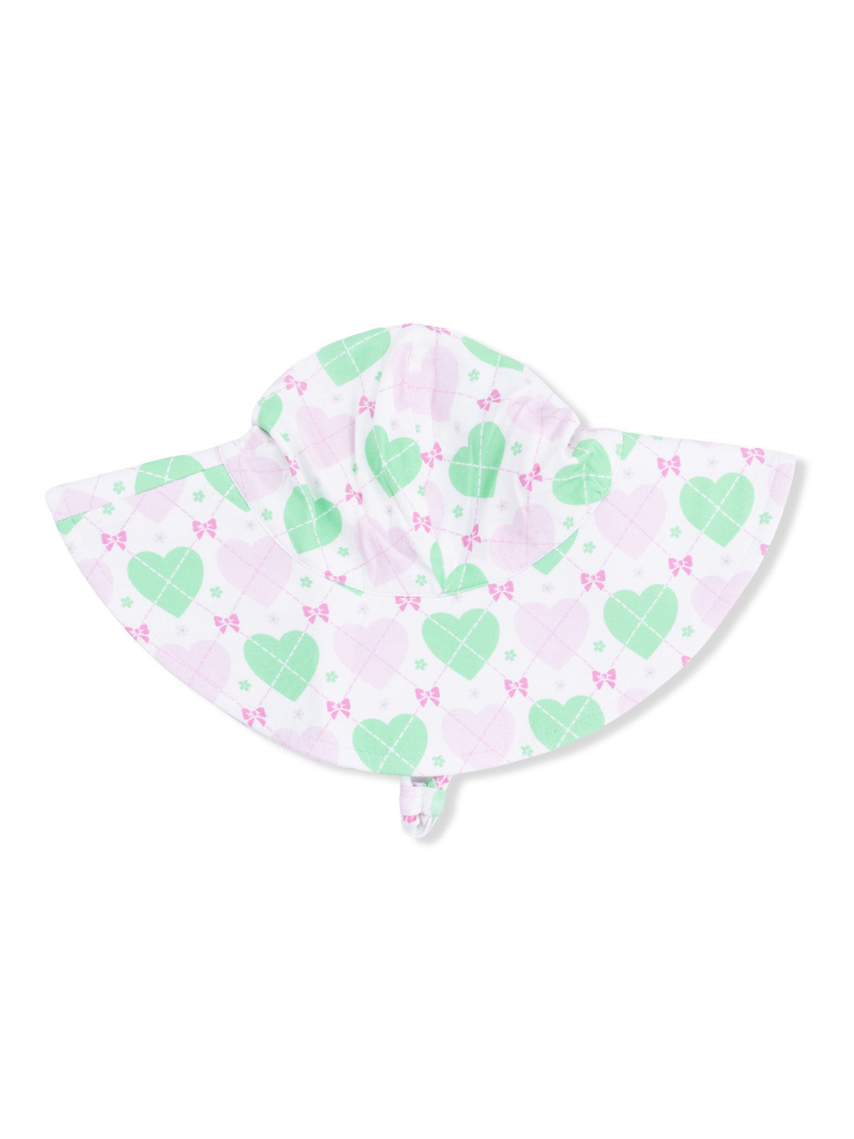 White sun hat with green hearts and pink bows, ideal for kids in sunny weather.