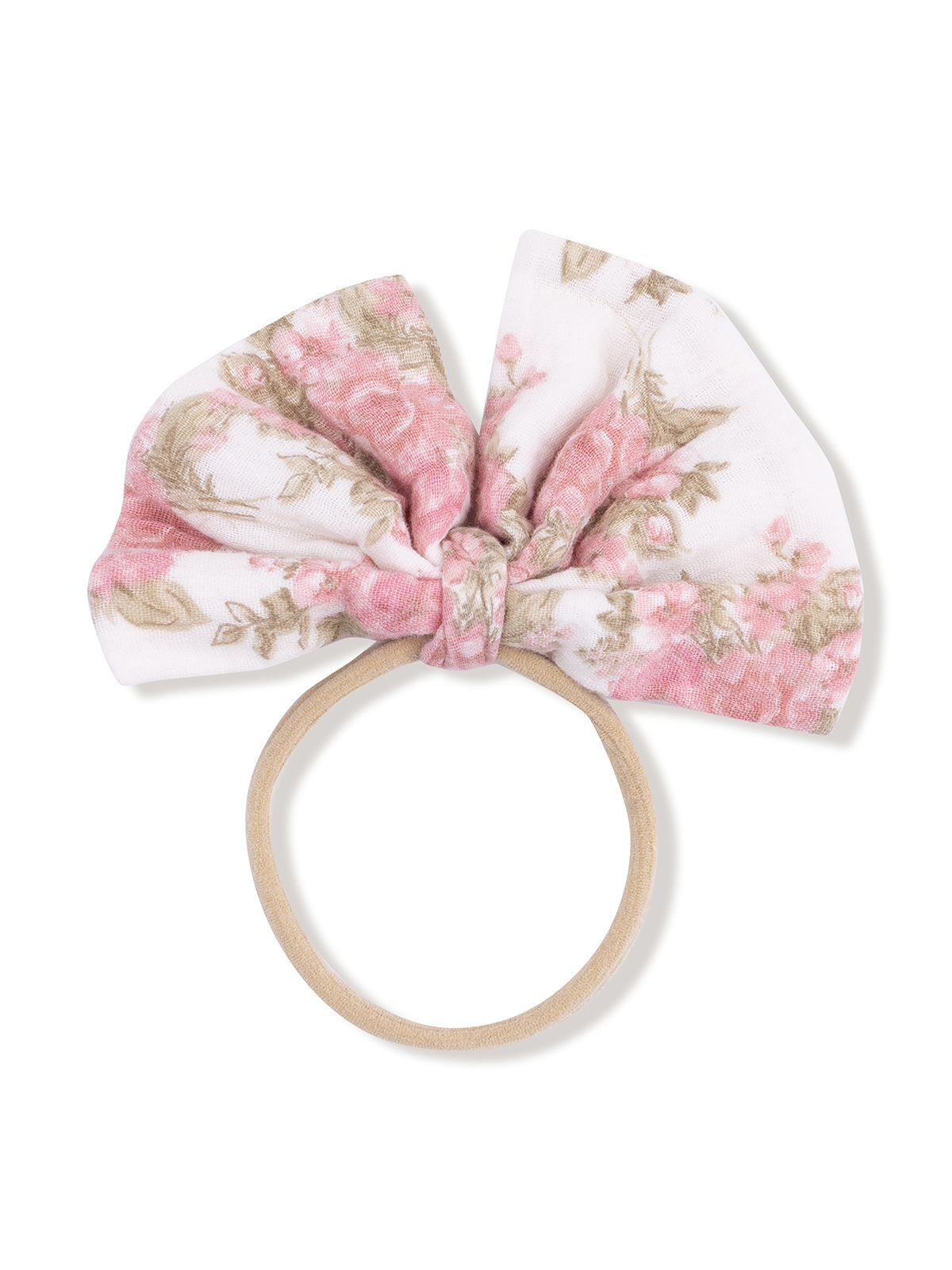 Floral pink and white hair bow on a beige elastic band. Perfect for adding style to hairstyles.