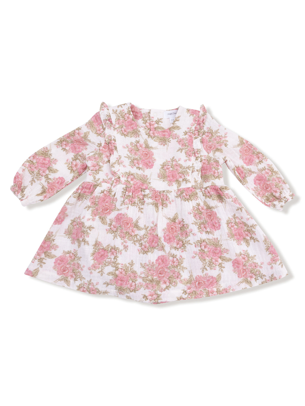 Floral baby dress with long sleeves, ruffles, and pink roses on a white background.