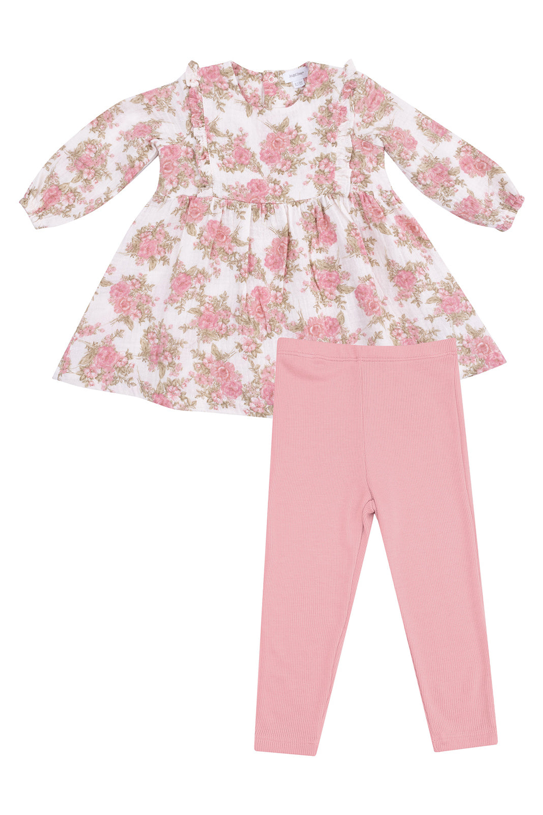 Floral toddler dress with pink leggings, featuring ruffled details and a playful, feminine design.