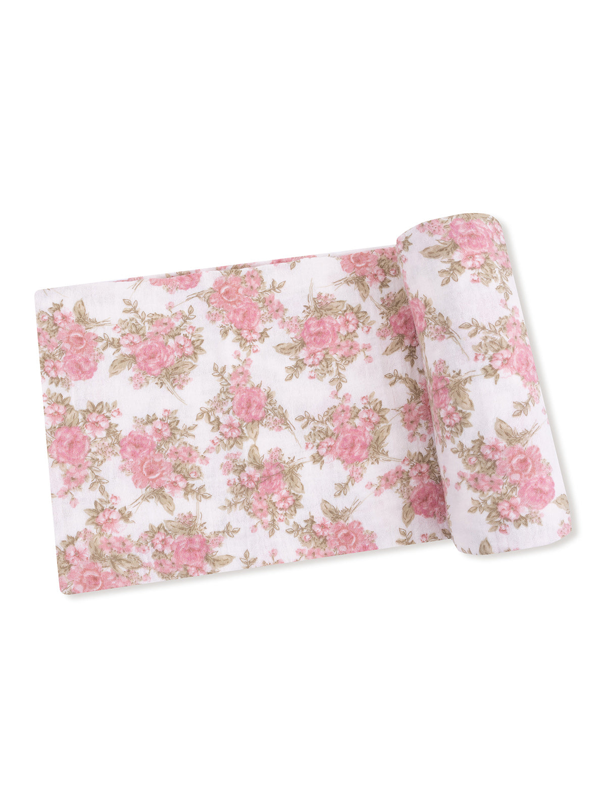 Roll of white fabric with a pink floral pattern, ideal for crafting and decorating.
