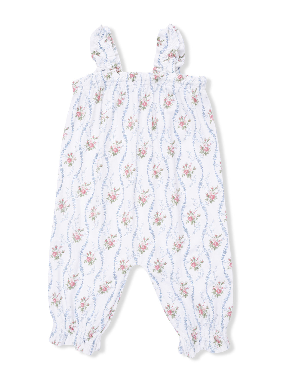 White floral romper with ruffled straps and elastic cuffs, featuring pink and blue flower patterns.