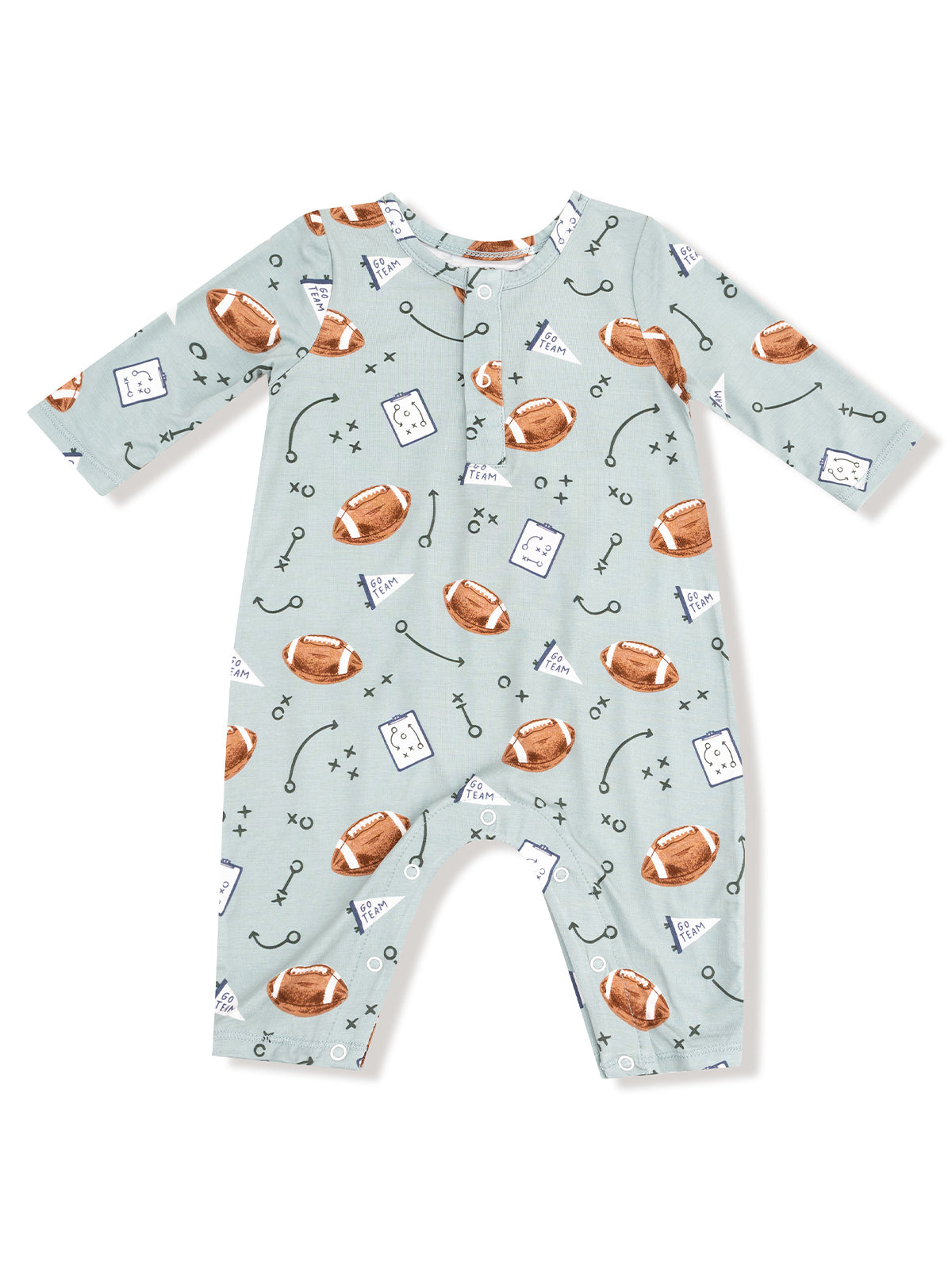 Light blue baby onesie with football print and playful designs. Perfect for little sports fans.