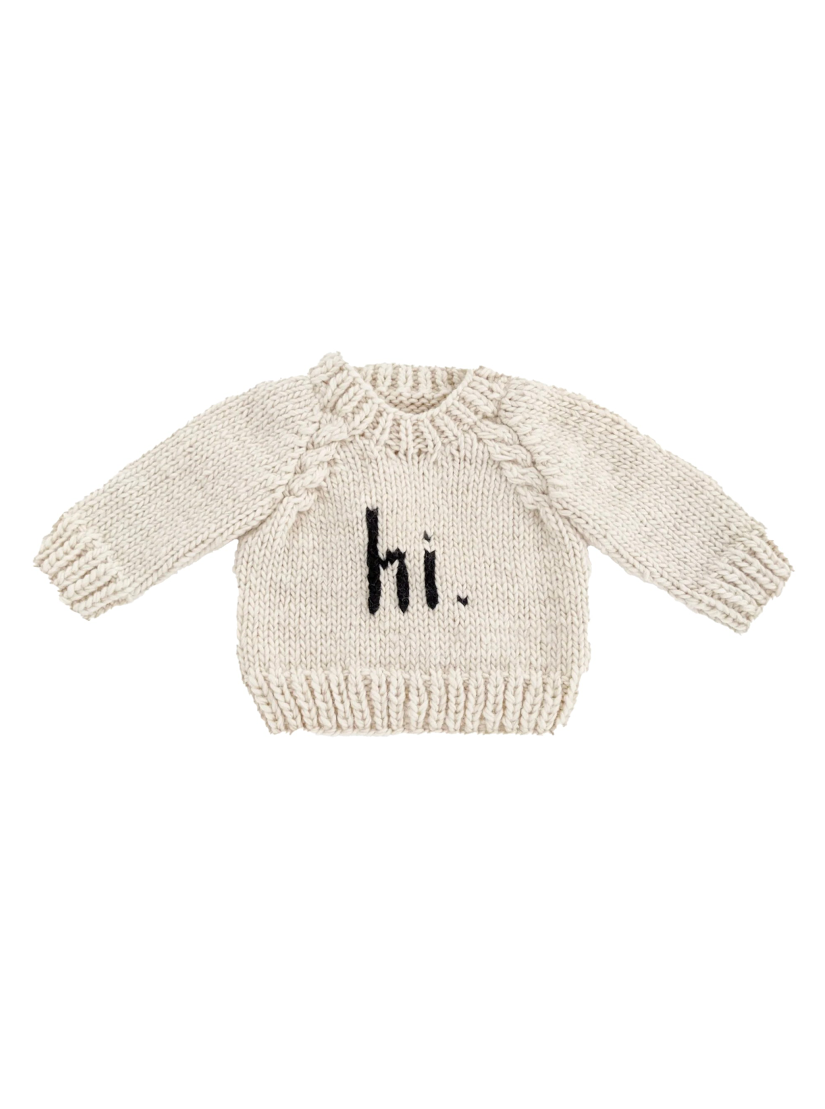 Cream sweater with long sleeves and "hi." printed in black on the front.